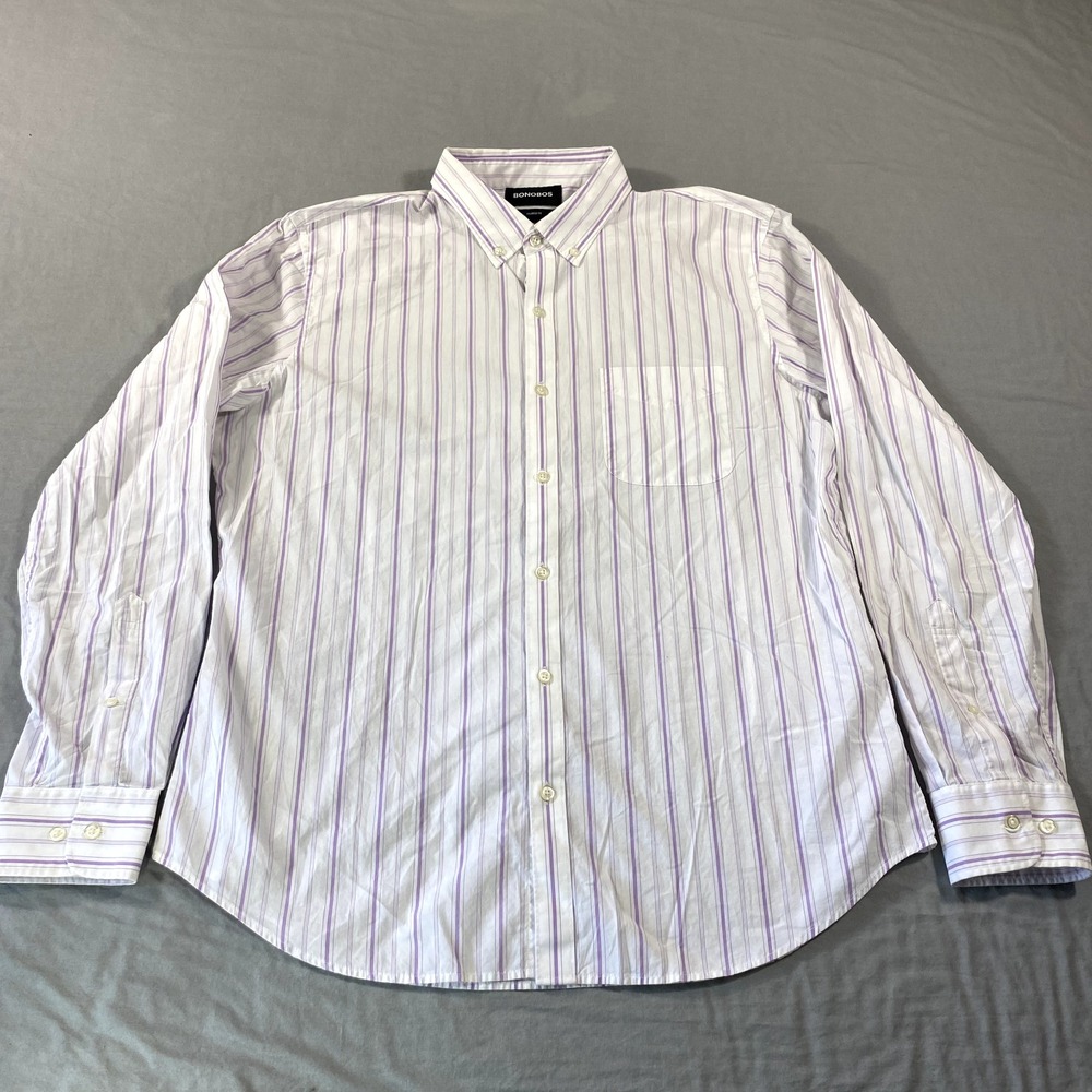 Bonobos Shirt Mens XL White Purple Striped Tailored Fit Stretch Button Up Casual